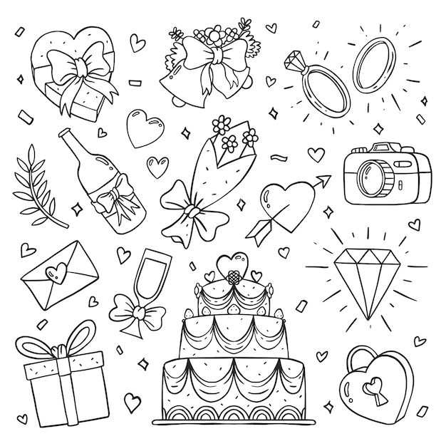 Hand drawn wedding icons collection