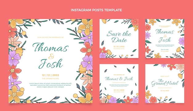 Vector hand drawn wedding instagram post collection