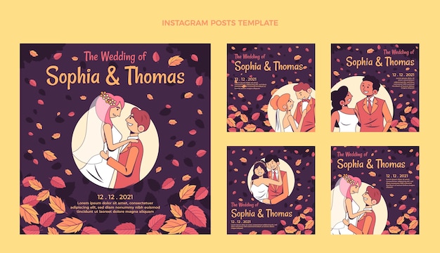 Vector hand drawn wedding instagram post set