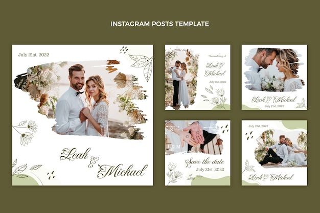 Vector hand drawn wedding instagram post set