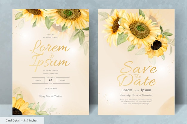 Set di biglietti d'invito per matrimoni disegnati a mano con girasole ad acquerello