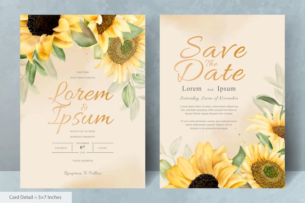 水彩ひまわりと手描きの結婚式の招待カードセット