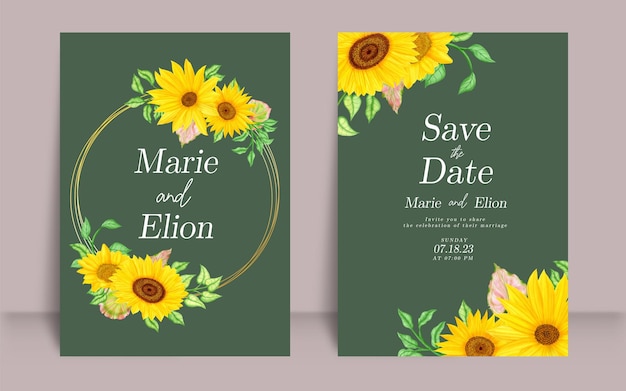 Set di biglietti d'invito per matrimoni disegnati a mano con girasole ad acquerello