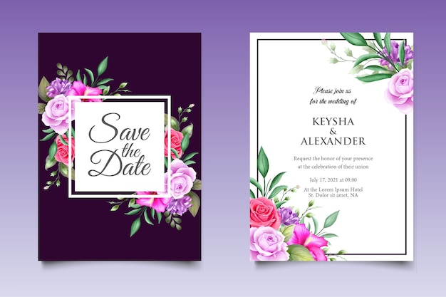 手描きの結婚式の招待状の花と葉のカードテンプレート