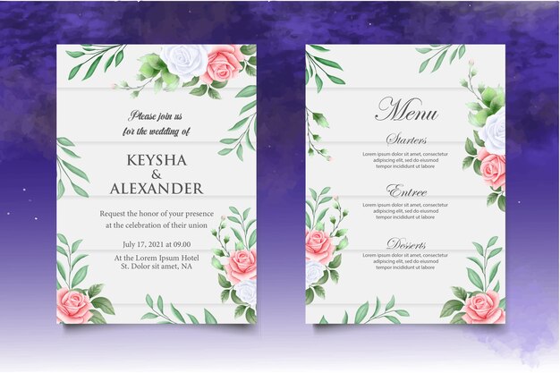 Hand drawn wedding invitation floral and leaves card templa