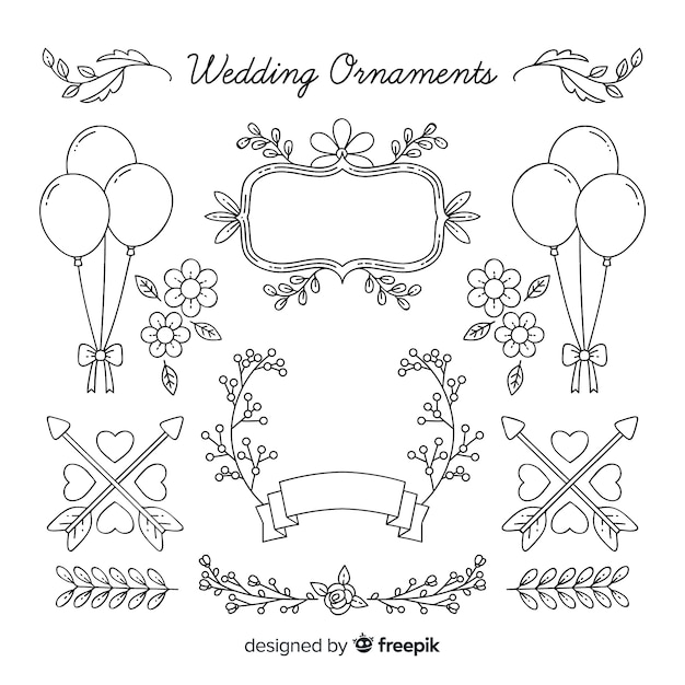 Vettore raccolta di ornamenti di nozze disegnati a mano