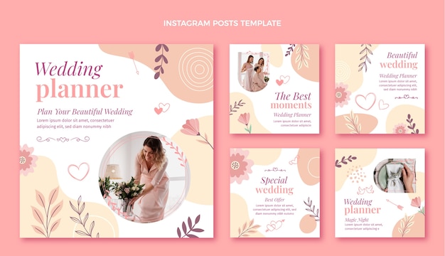 Vector hand drawn wedding planner instagram post collection