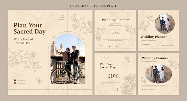 Vector hand drawn wedding planner instagram post pack