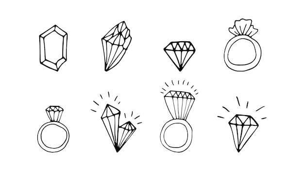 Hand drawn wedding rings and diamonds collection Doodle vector illustration