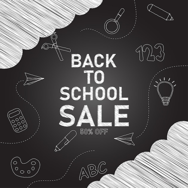 hand drawn Welcome back to school sale background with school tools.