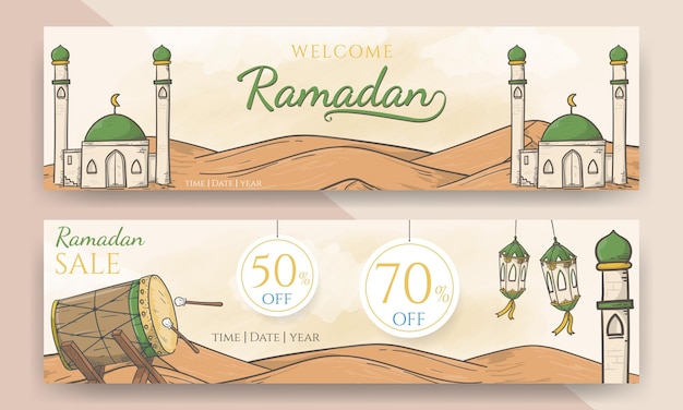 Hand drawn welcome ramadan and ramadan sale banner