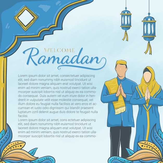 Ramadan di benvenuto disegnato a mano con ornamento islamico e carattere musulmano