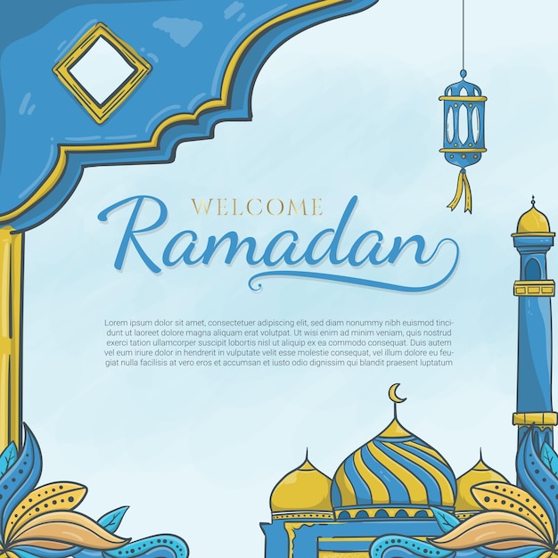 Ramadan di benvenuto disegnato a mano con ornamento islamico