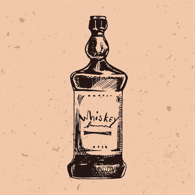 Вектор Бутылка виски ручной работы в стиле гравировки чернильный набросок векторной иллюстрации алкогольного напитка