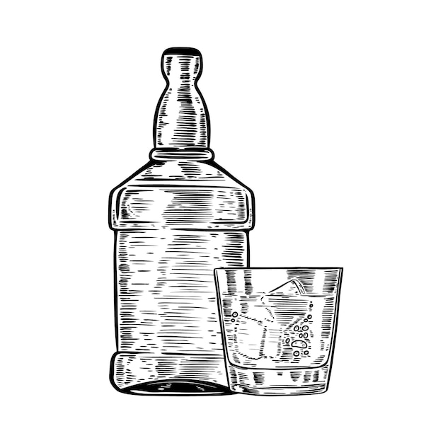 Vettore bottiglia di whisky disegnata a mano con bicchiere. elemento per poster, menu. illustrazione