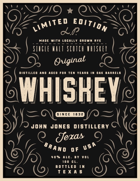 Hand drawn whiskey label with ornament elements, western engraving alcohol whiskey label