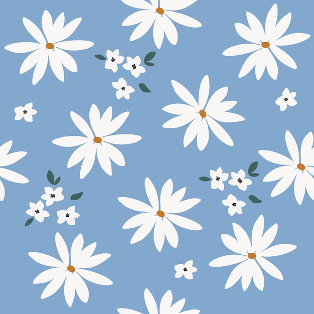 Hand drawn white daisy blooming flowers background floral seamless pattern