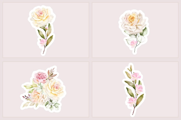 Mazzo di rosa bianco disegnato a mano e illustrazione floreale dell'autoadesivo del ramo