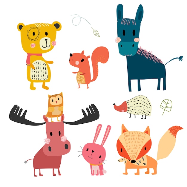 Collezione di simpatici personaggi disegnati a mano di animali selvatici