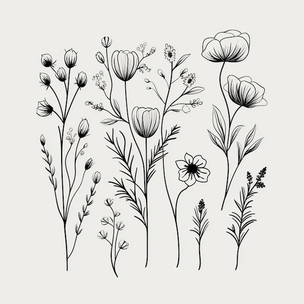 hand drawn wild Flowers isolated design template