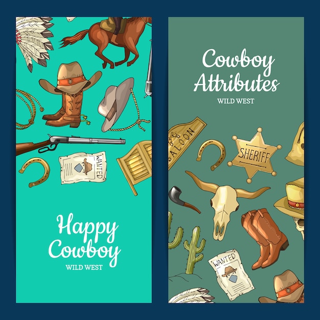 Hand drawn wild west cowboy elements web banner