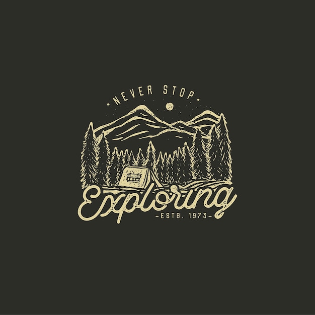 Vector hand drawn wilderness badge with mountain landscape