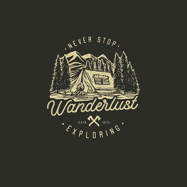 Vector hand drawn wilderness badge with mountain landscape