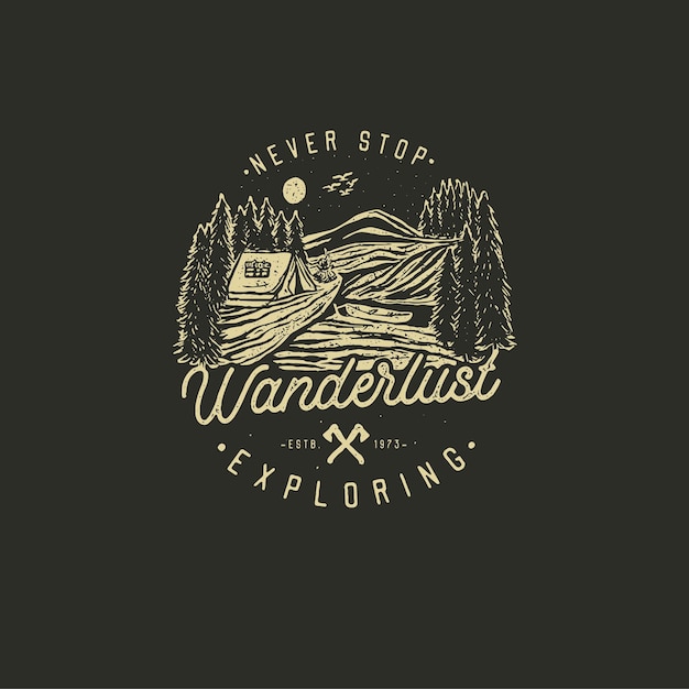 Vector hand drawn wilderness badge with mountain landscape