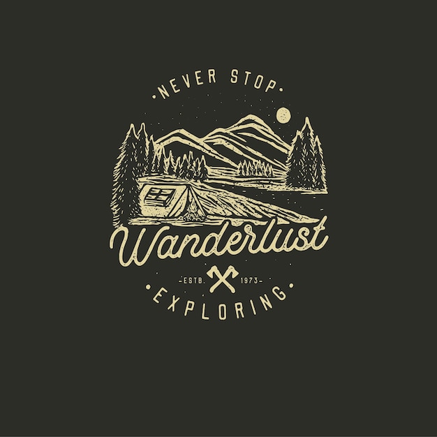 Vector hand drawn wilderness badge with mountain landscape