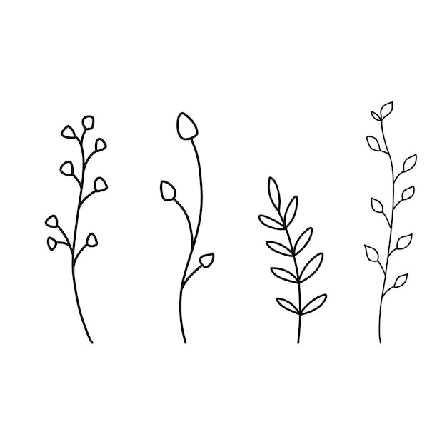 Hand drawn wildflowers set Vector outline flower sketch Line art doodle isolated on white