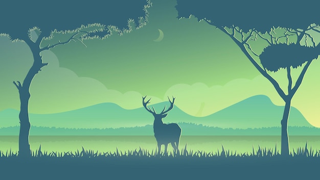 鹿、山、湖の背景と手描きの野生生物の風景