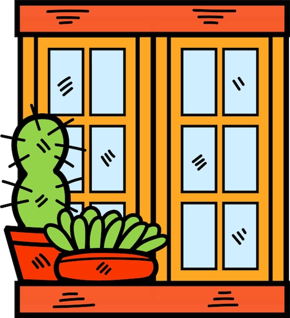 Hand Drawn Window and cactus in flat style