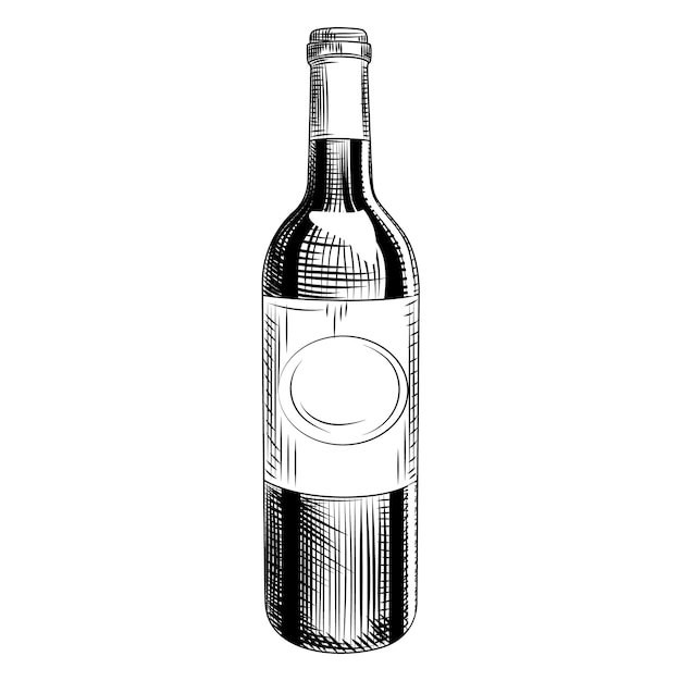 Vector hand drawn wine bottle. engraving style. isolated objects on white background. vector illustration