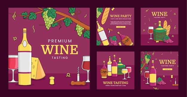 Vector hand drawn wine party instagram posts