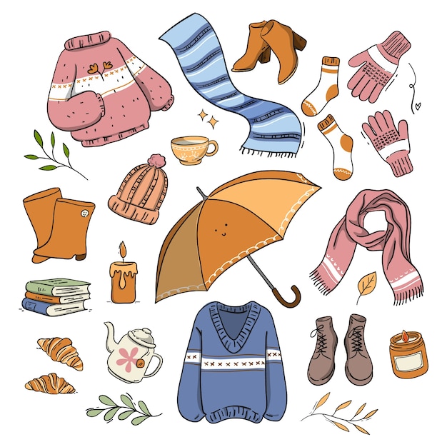 Коллекция рисованной зимней одежды и предметов первой необходимости