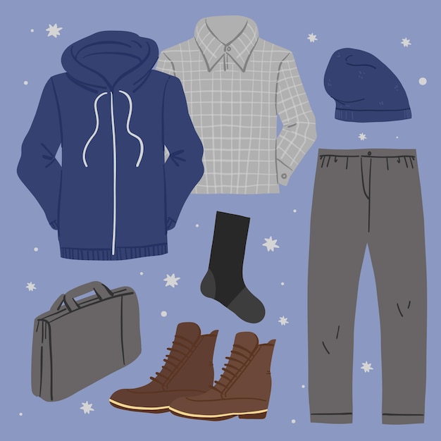 Vector hand drawn winter clothes and essentials collection