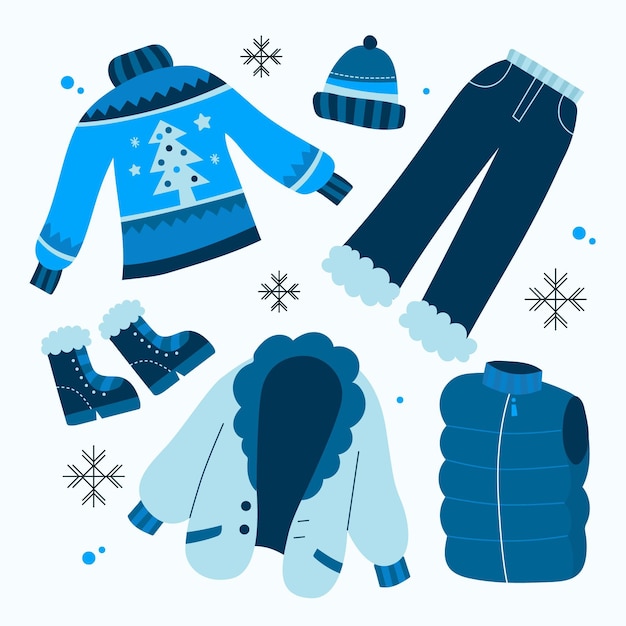 Set di vestiti invernali ed elementi essenziali disegnati a mano