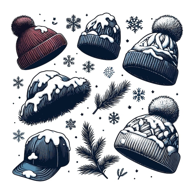 手描きの冬帽子 異なるスタイルのセット