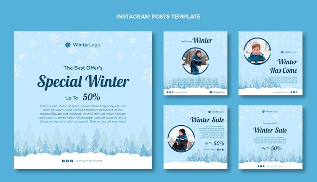 Vector hand drawn winter instagram posts collection