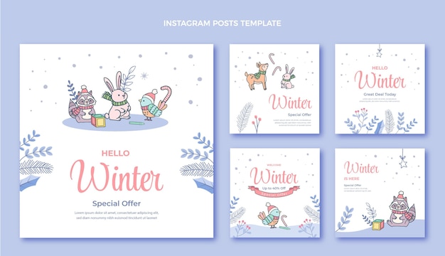 Vector hand drawn winter instagram posts collection