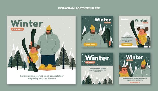 Vector hand drawn winter instagram posts collection