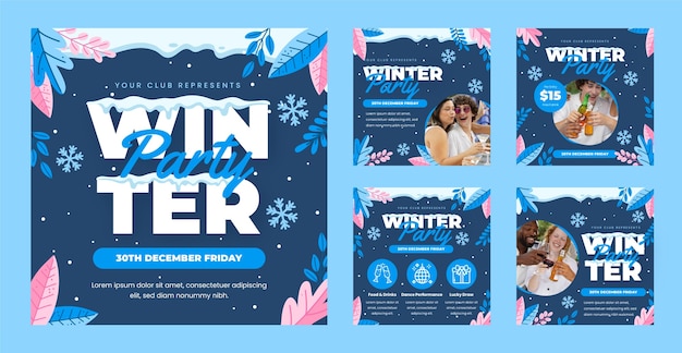 Vector hand drawn winter party instagram posts