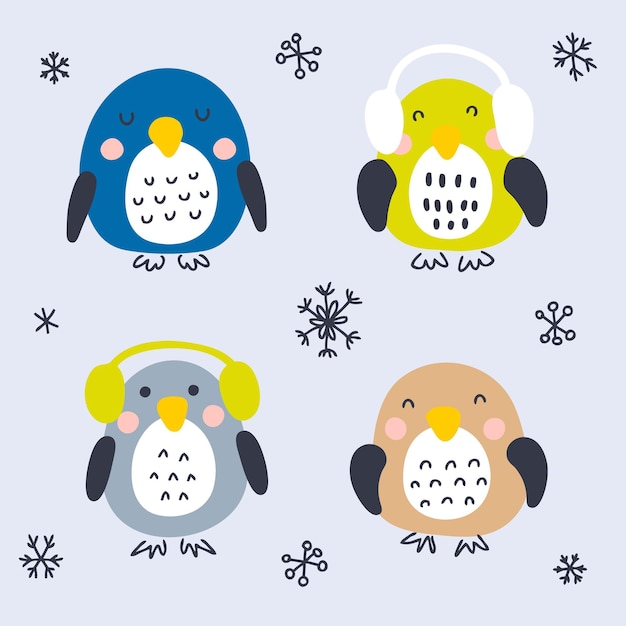 Hand drawn winter penguins vector collection Perfect for poster textile and prints Cartoon style illustration for decor and design