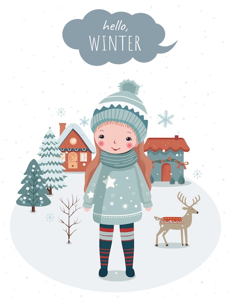 Hand drawn winter poster with girl snowy trees house Wnter christmas card for invitation