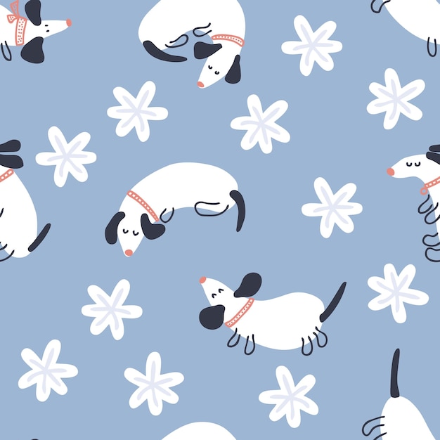 Hand drawn winter seamless pattern with dachshunds and snowflakes perfect for tshirt postcard textile and print doodle vector illustration for decor and design