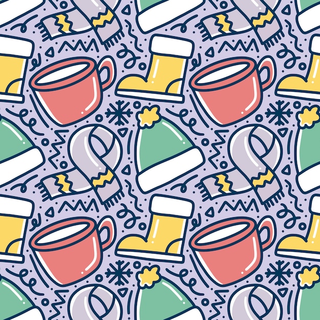 Hand drawn winter season doodle pattern with icons and design elements