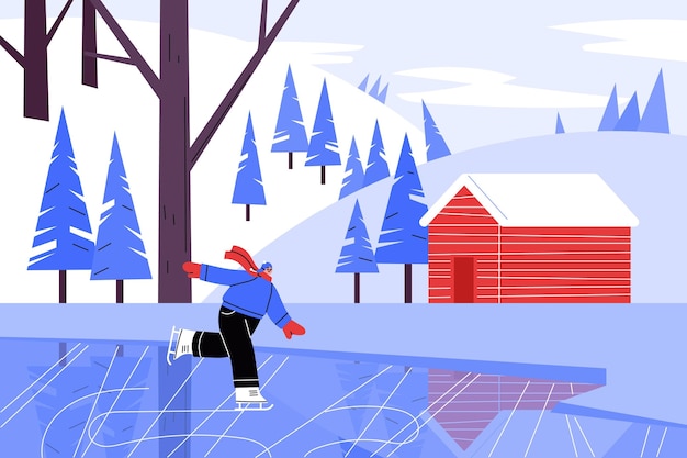 Vector hand drawn winter skating landscape