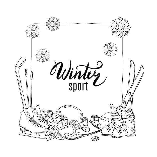 Hand drawn winter sports equipment elements pile below frame