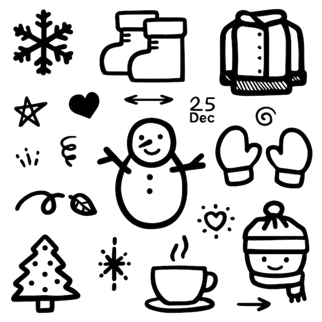 The hand drawn winter theme includes holiday object icons inside