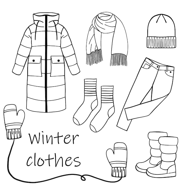 Hand drawn winter wardrobe illustration design for stickers print decor illustration of winter clothes in doodle style vector illustration